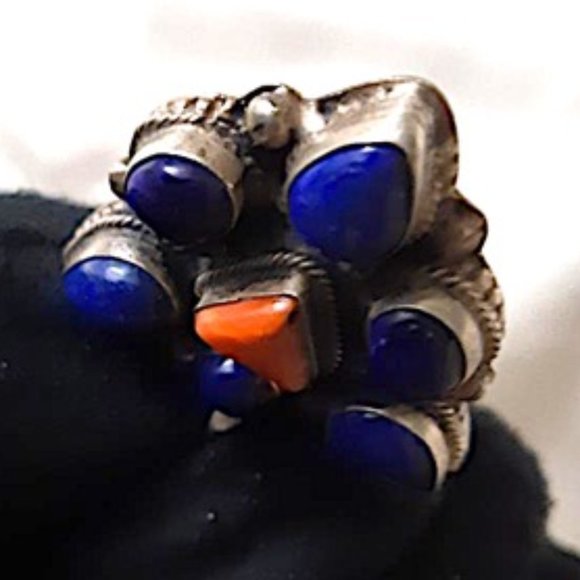 Tibetan Lapis Lazuli (pd6) Coral Pendant Natural Gems Blue Red Triangle Silver - Picture 4 of 8